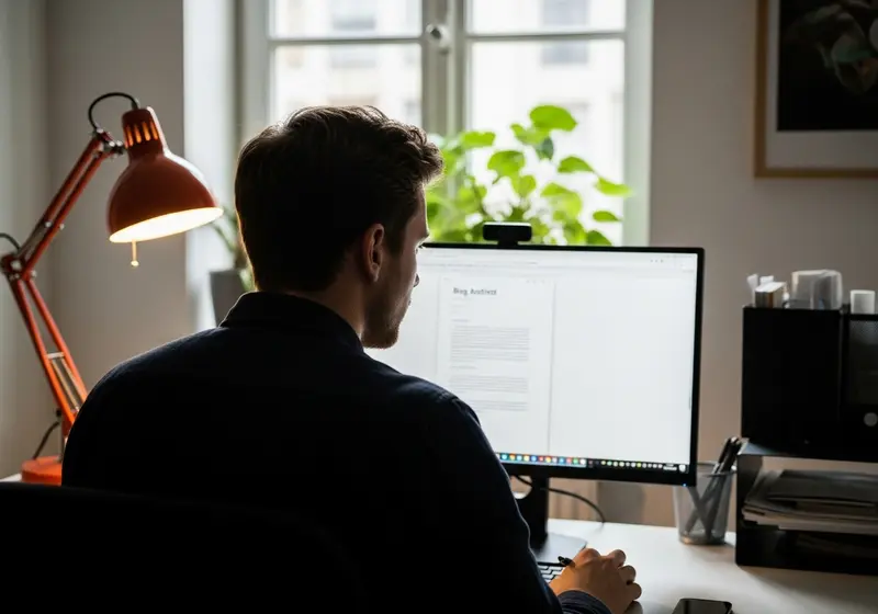 Daniel trabajando en su oficina minimalista en casa.