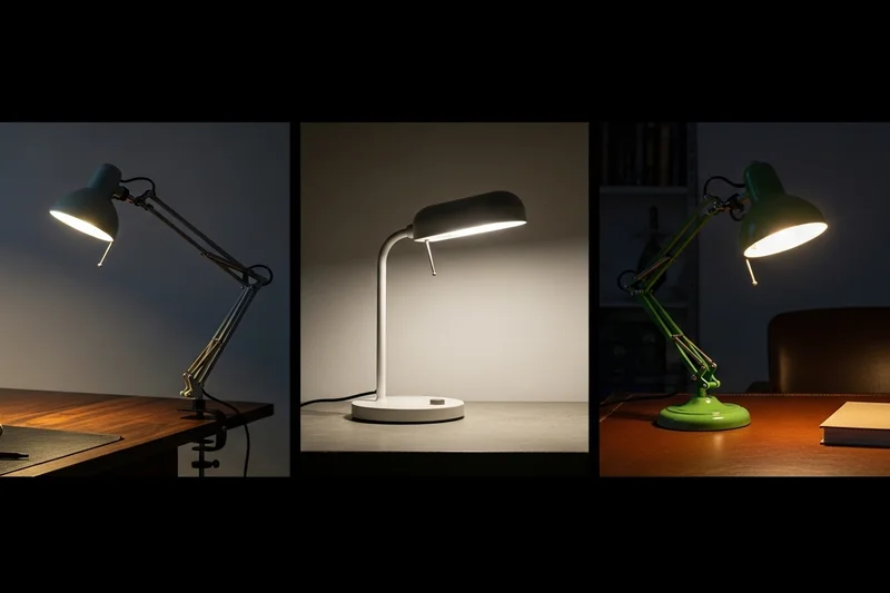 Collage comparativo de tres lámparas de escritorio: una moderna con brazo articulado y pinza, una de diseño y base redonda, y una de estilo clásico.