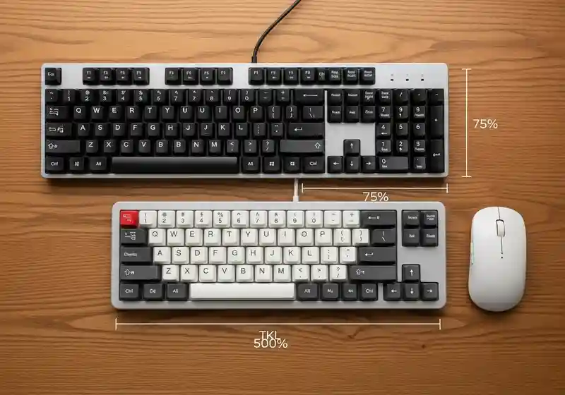 Teclado completo versus compacto, destacando el espacio libre para el ratón en un escritorio minimalista.