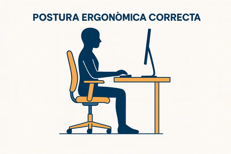 Diagrama de postura correcta en una silla ergonómica, señalando altura, lumbar, apoyabrazos y profundidad.