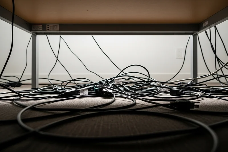 Escritorio de oficina vacío con cables agrupados en el suelo, listos para organizar.
