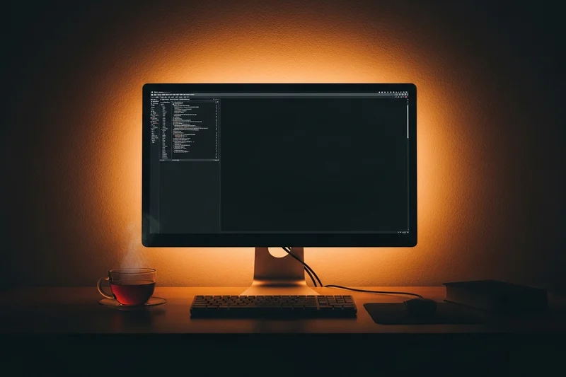 Ambiente de oficina nocturno con tira LED cálida detrás del monitor que reduce el contraste.