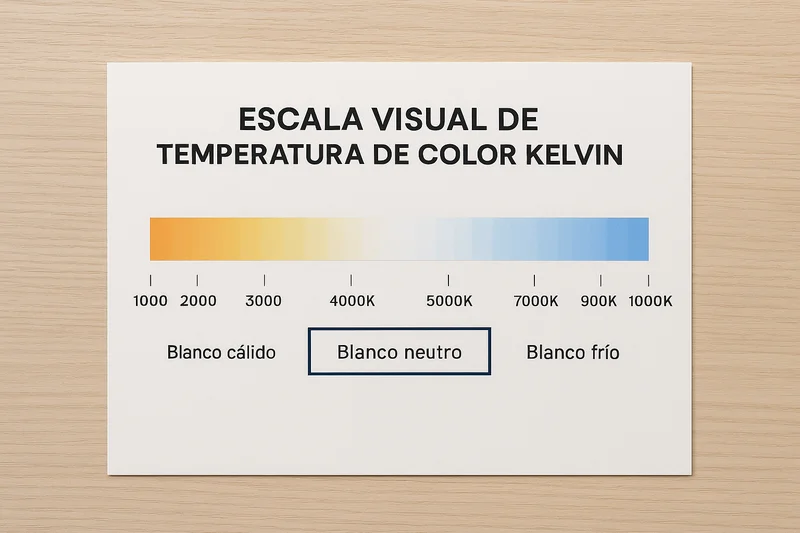Infografía simple mostrando la escala de temperatura de color en Kelvin, destacando el rango de 4000K a 5000K para la productividad.