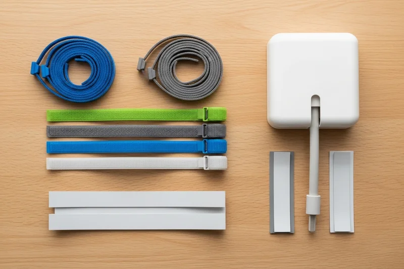 Kit con precintos de velcro, caja organizadora y canaleta adhesiva para gestión de cables.