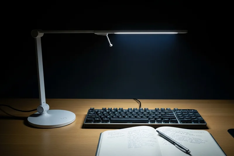 Lámpara de tarea LED moderna enfocando sobre teclado y cuaderno en un escritorio de madera clara.
