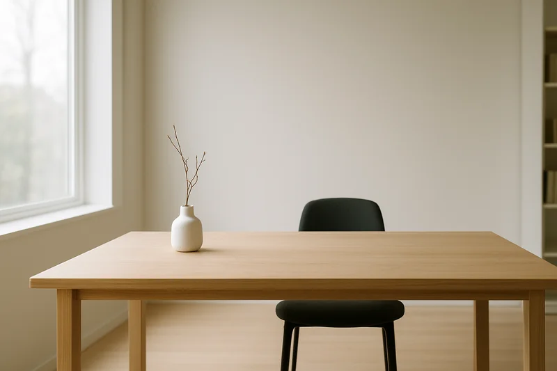 Oficina en casa minimalista con abundante luz natural que entra por una ventana lateral.