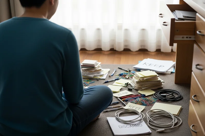 Aplicando el método KonMari: contenido del cajón en el suelo y objetos agrupados por categoría.