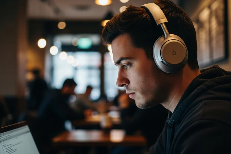 Persona trabajando con auriculares con cancelación de ruido en una cafetería.