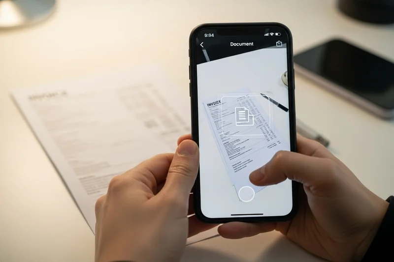 Mano utilizando una app de escaneo en el celular para digitalizar una factura en papel.