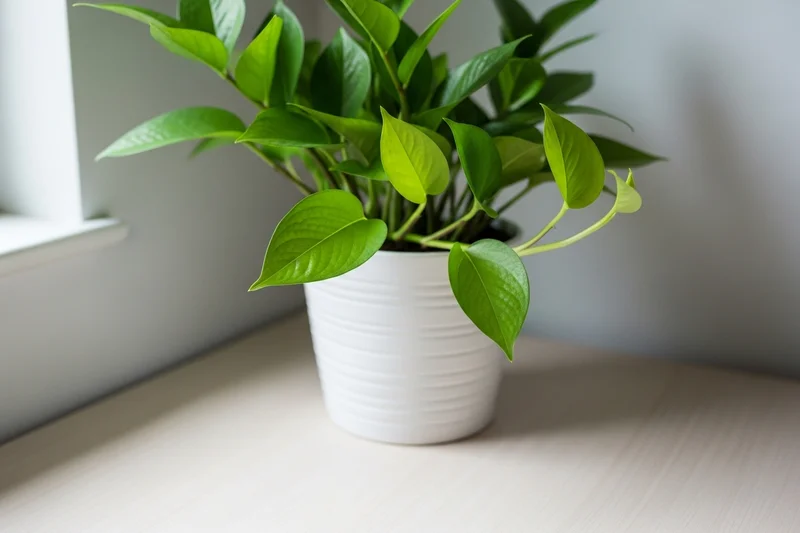 Planta verde en maceta blanca como punto de color sobre un escritorio minimalista.