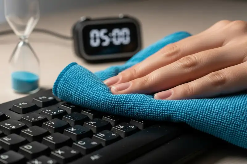 Persona realizando una rutina de limpieza rápida de 5 minutos en un escritorio de oficina, usando un paño de microfibra.